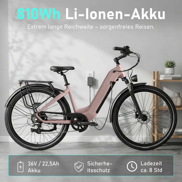 Premium 810Wh 36V 22.5Ah long-range lithium battery on the Rooder Maratho 28-inch electric bike.