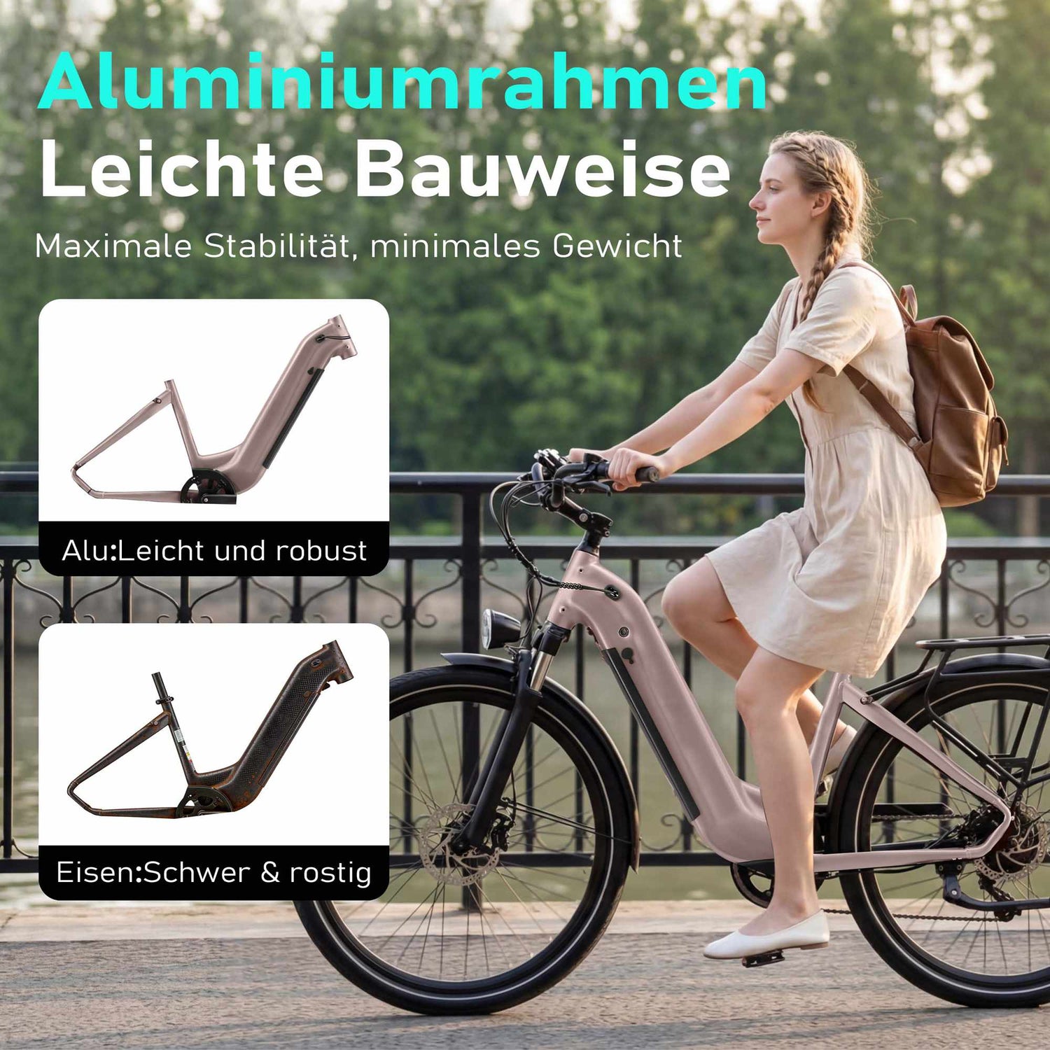 Lightweight aluminum frame design of the Rooder Maratho 28-inch electric bike for urban commuting.