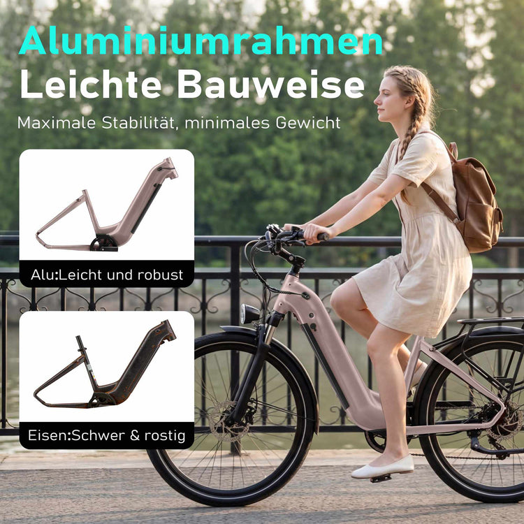 Lightweight aluminum frame design of the Rooder Maratho 28-inch electric bike for urban commuting.
