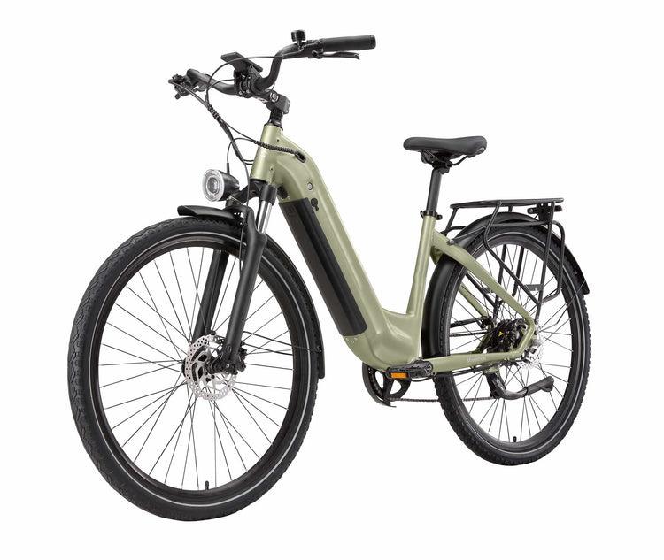 Rooder Maratho 28-inch electric bike in green color with front suspension fork and hydraulic brakes.