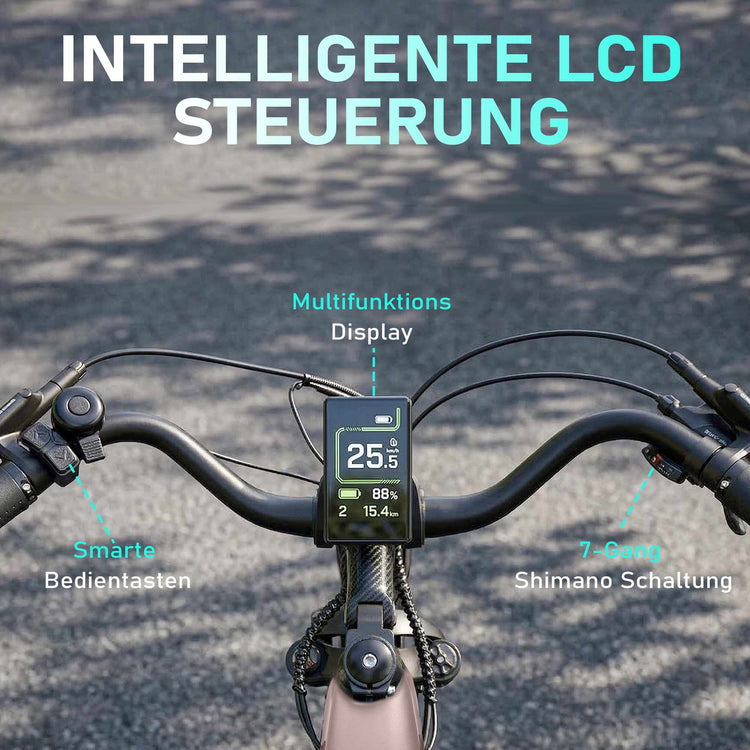Intelligent LCD display screen on the handlebars of the Rooder Maratho 28-inch electric bike showing speed and battery level.