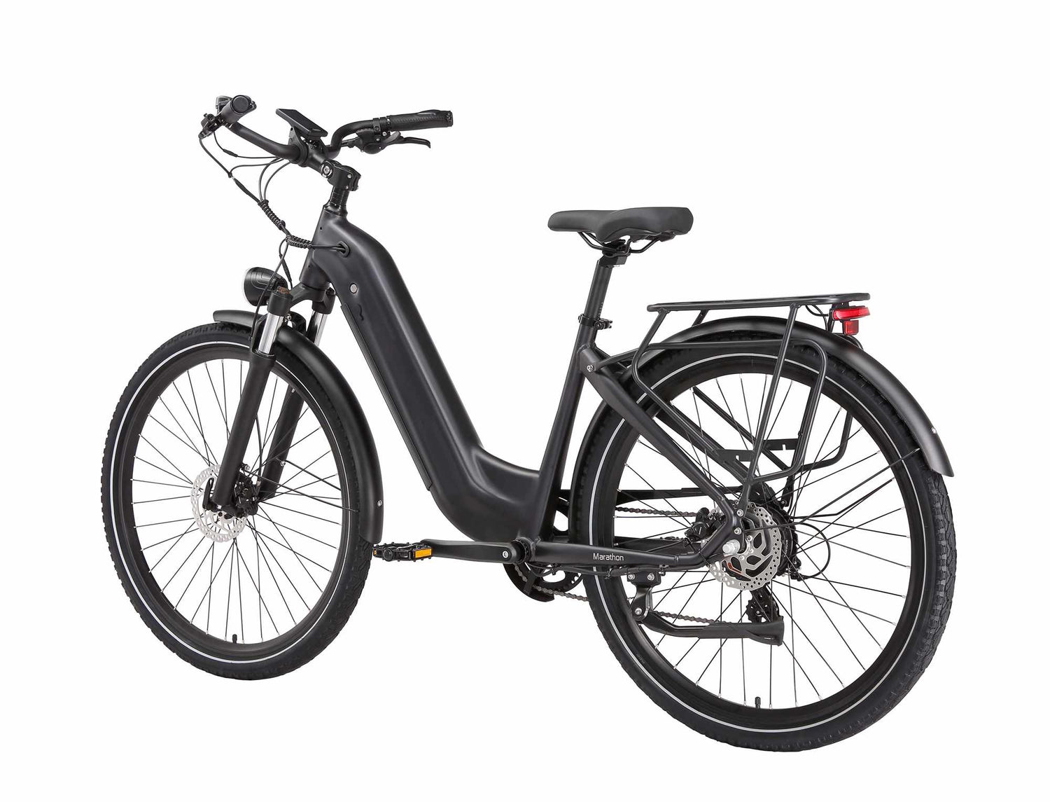 Durable rear luggage rack mounted on the Rooder Maratho 28-inch electric bike for carrying cargo and pannier bags.