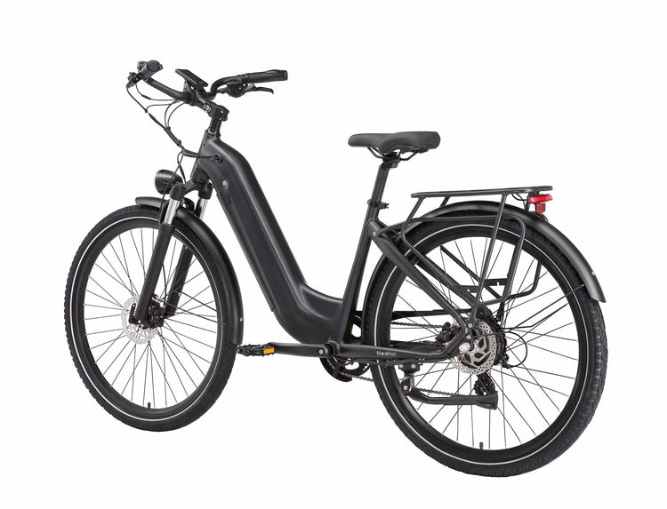 Durable rear luggage rack mounted on the Rooder Maratho 28-inch electric bike for carrying cargo and pannier bags.
