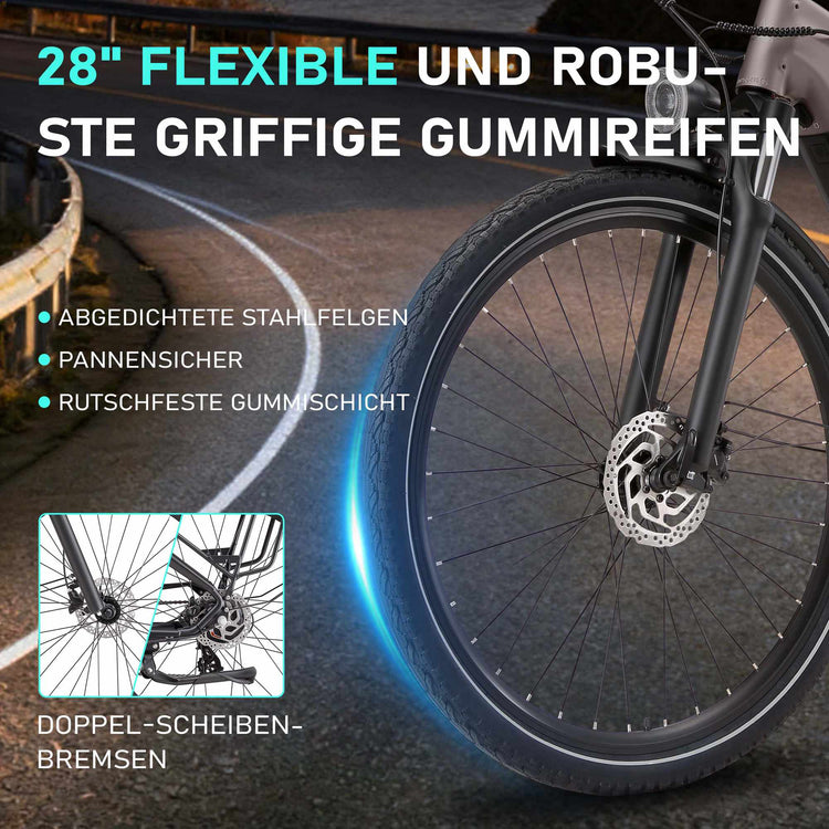 Large 28-inch grippy rubber tire with premium hydraulic disc brake on the Rooder Maratho electric bike.