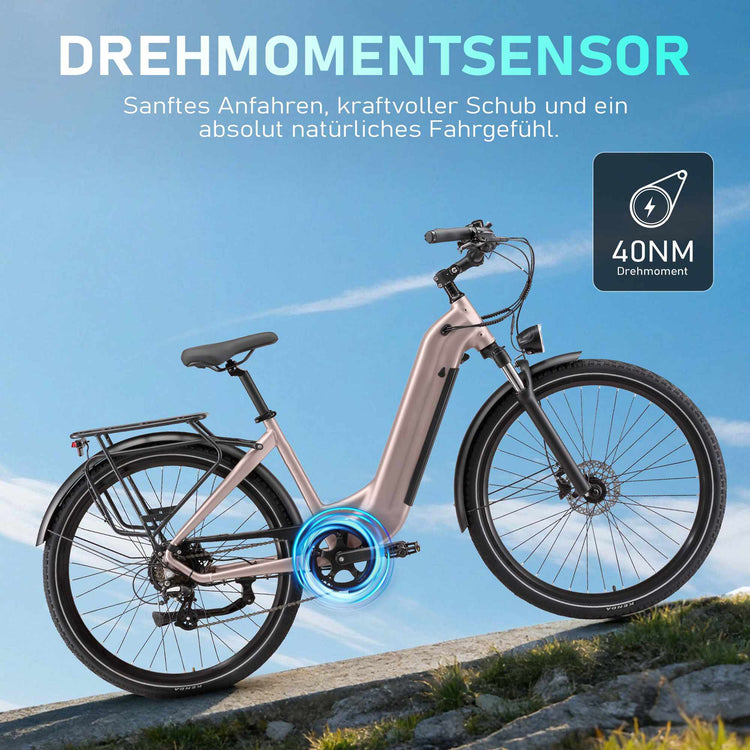Smart torque sensor with 40N.m maximum torque on the Rooder Maratho 28-inch electric bike for smooth pedaling assistance.