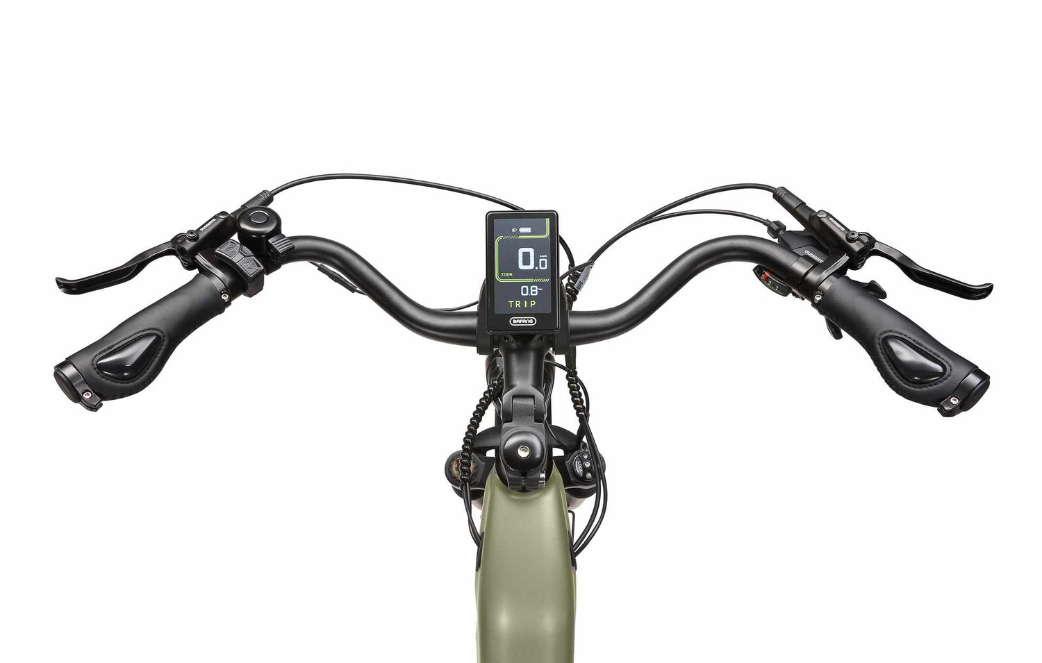 Green Rooder Maratho 28-inch electric bike handlebars with integrated hand grips and controls.