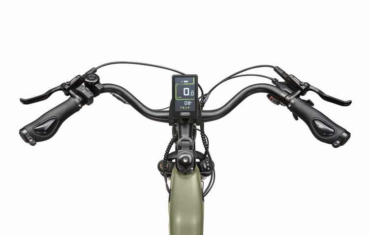 Green Rooder Maratho 28-inch electric bike handlebars with integrated hand grips and controls.