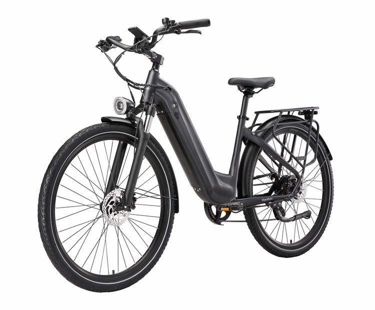 Rooder Maratho 28-inch electric bike in purple color with a 250W motor and torque sensor.